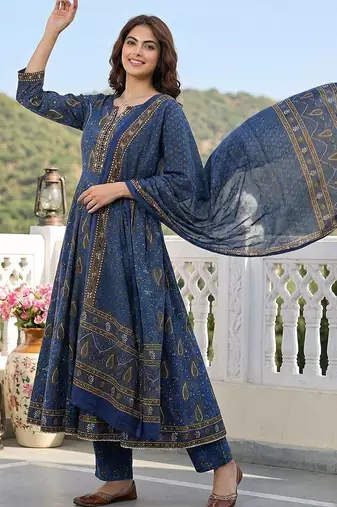 blue and brown pure cotton anarkali regular kurta set