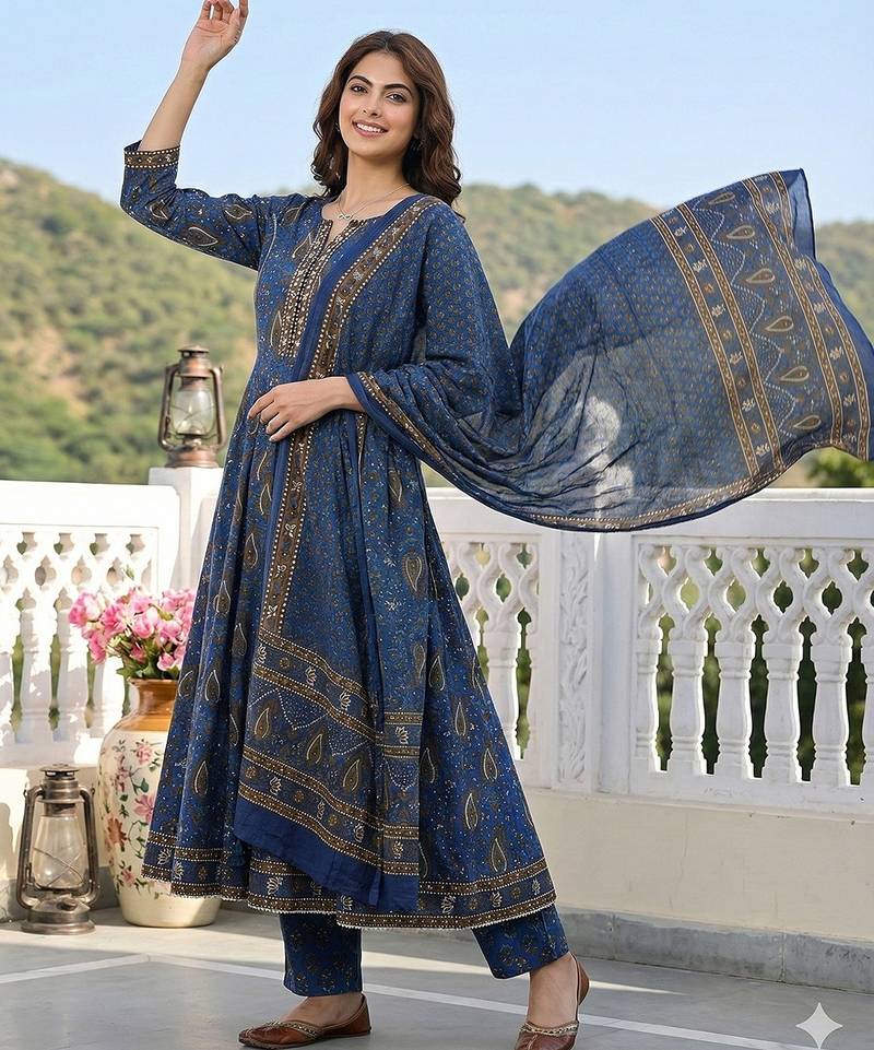 Anouk blue and brown pure cotton anarkali regular kurta set