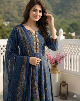 blue and brown pure cotton anarkali regular kurta set 4