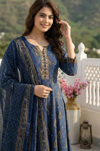 blue and brown pure cotton anarkali regular kurta set