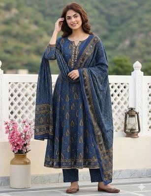 blue and brown pure cotton anarkali regular kurta set 5