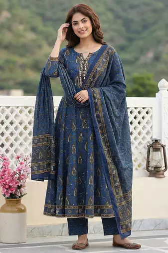 blue and brown pure cotton anarkali regular kurta set