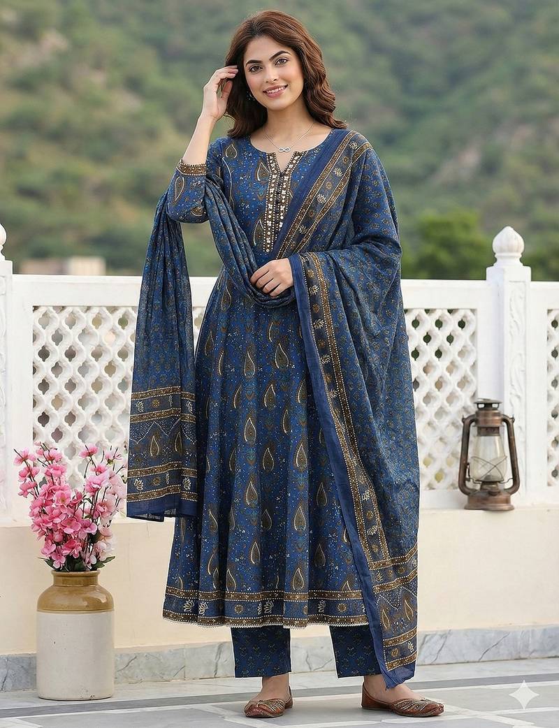 Anouk blue and brown pure cotton anarkali regular kurta set