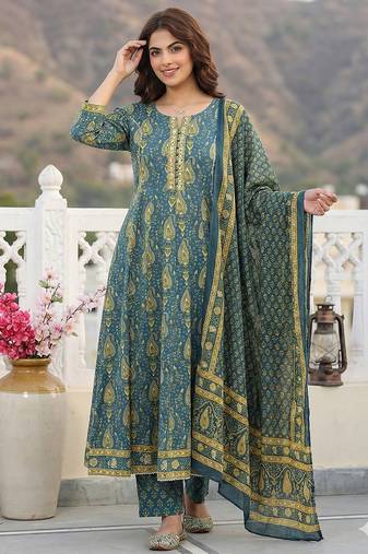 Anouk green and beige pure cotton anarkali regular kurta set