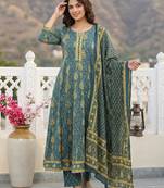 Anouk green and beige pure cotton anarkali regular kurta set