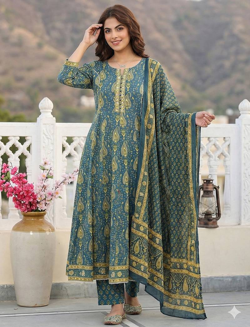 Anouk green and beige pure cotton anarkali regular kurta set