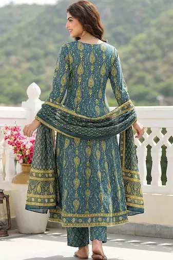 green and beige pure cotton anarkali regular kurta set