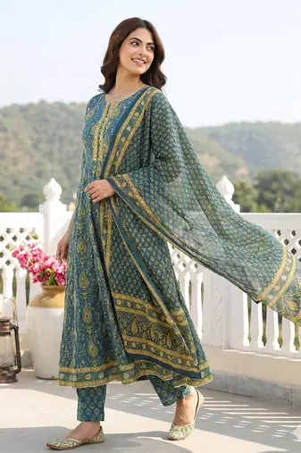 green and beige pure cotton anarkali regular kurta set