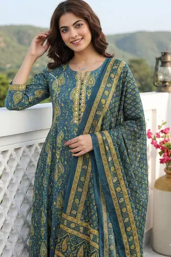 green and beige pure cotton anarkali regular kurta set