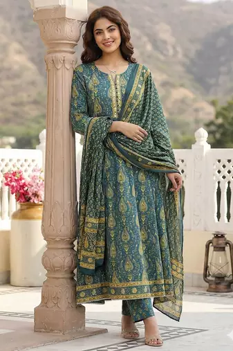 green and beige pure cotton anarkali regular kurta set