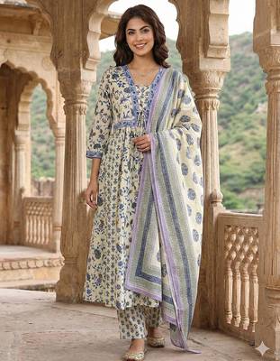 blue and white pure cotton anarkali pleated kurta set 1