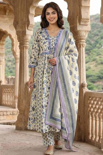 Anouk blue and white pure cotton anarkali pleated kurta set
