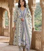 Anouk blue and white pure cotton anarkali pleated kurta set