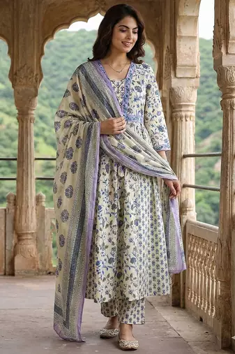 blue and white pure cotton anarkali pleated kurta set