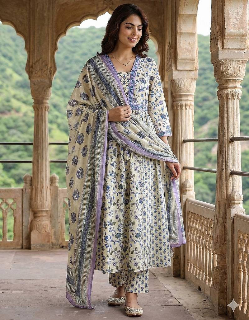 Anouk blue and white pure cotton anarkali pleated kurta set