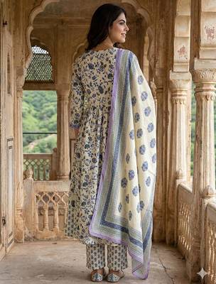 blue and white pure cotton anarkali pleated kurta set 3