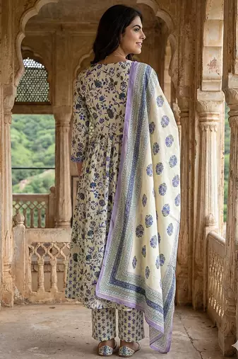blue and white pure cotton anarkali pleated kurta set
