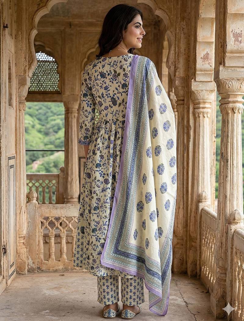 Anouk blue and white pure cotton anarkali pleated kurta set