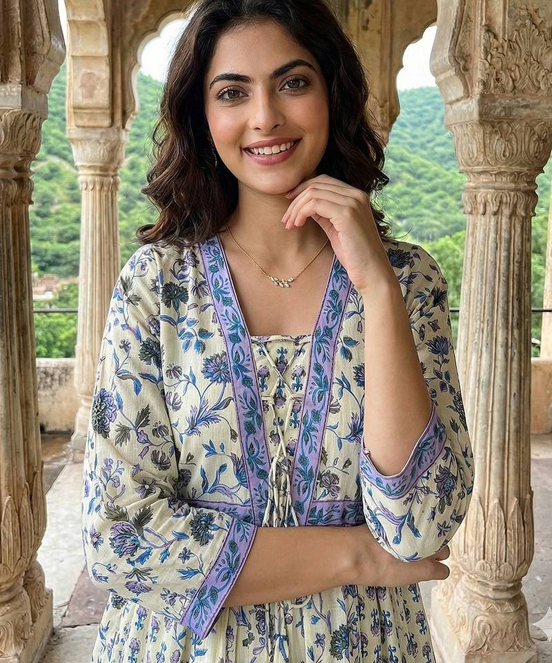 Anouk blue and white pure cotton anarkali pleated kurta set