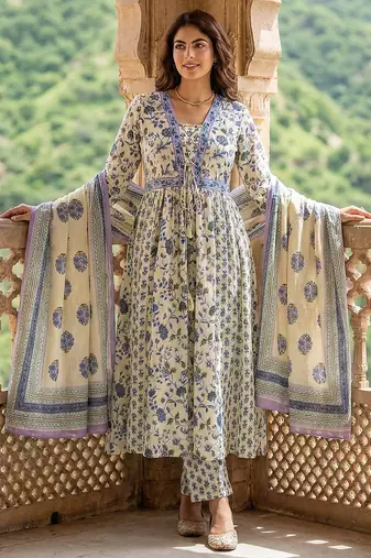 blue and white pure cotton anarkali pleated kurta set