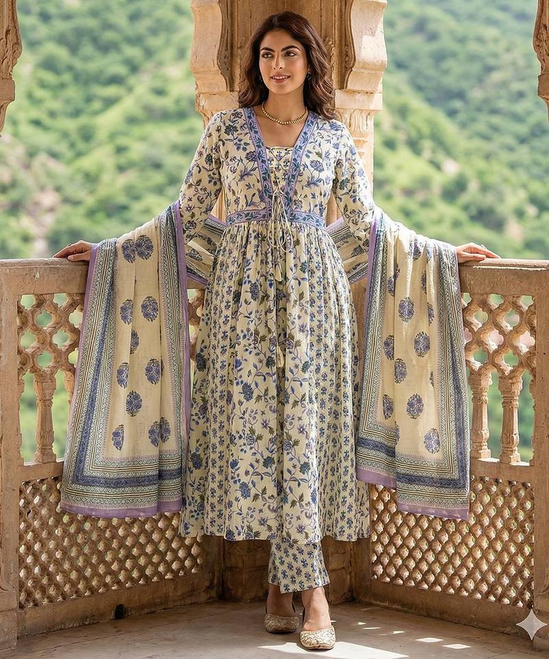 Anouk blue and white pure cotton anarkali pleated kurta set