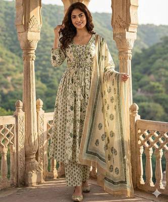 Anouk green and white pure cotton anarkali pleated kurta set 1