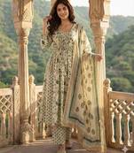 Anouk green and white pure cotton anarkali pleated kurta set