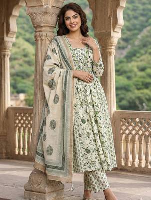 Anouk green and white pure cotton anarkali pleated kurta set 2