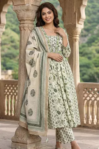Anouk green and white pure cotton anarkali pleated kurta set