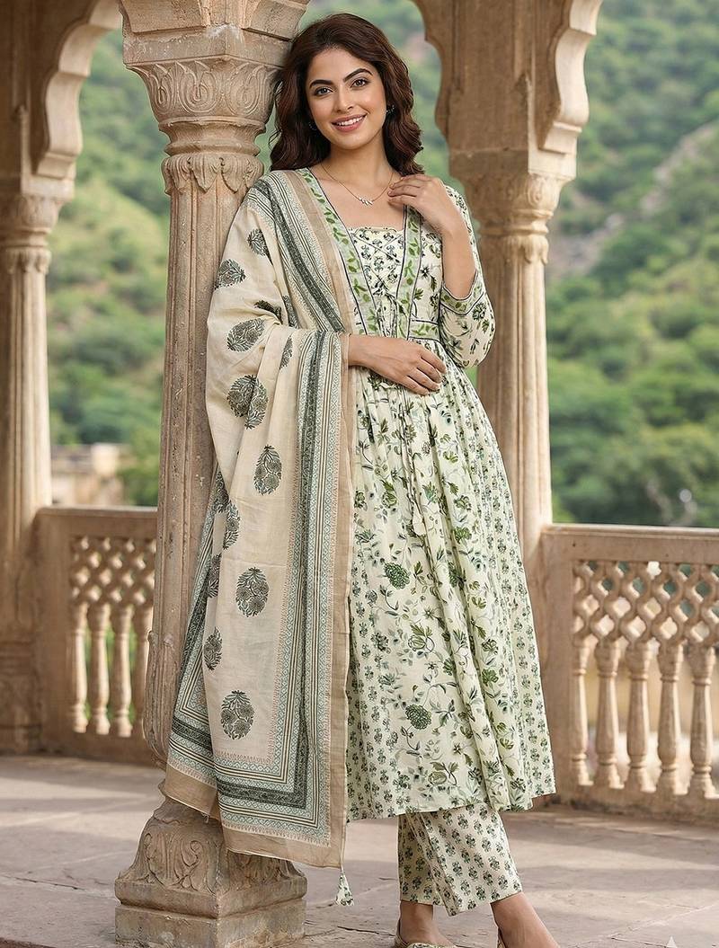 Anouk green and white pure cotton anarkali pleated kurta set