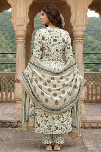 Anouk green and white pure cotton anarkali pleated kurta set