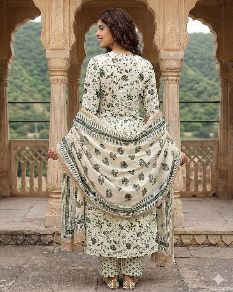 Anouk green and white pure cotton anarkali pleated kurta set