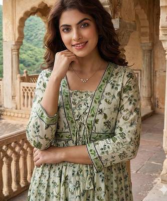 Anouk green and white pure cotton anarkali pleated kurta set 4