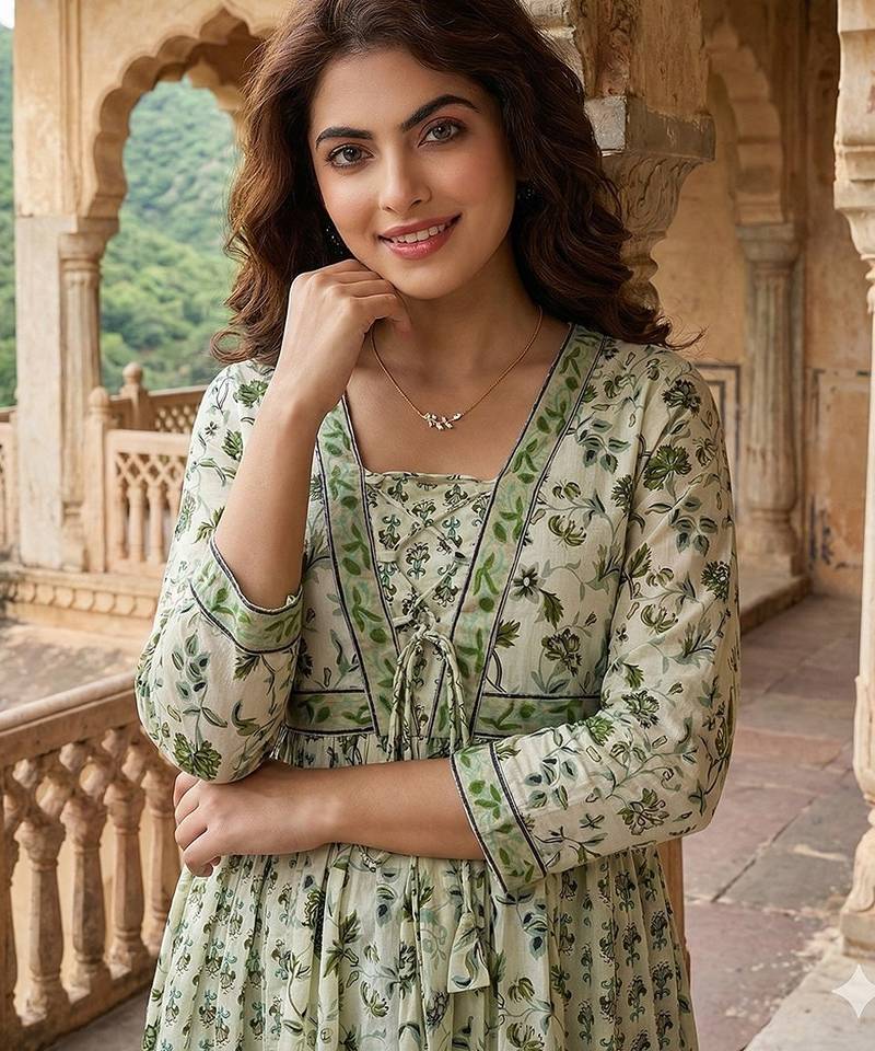 Anouk green and white pure cotton anarkali pleated kurta set