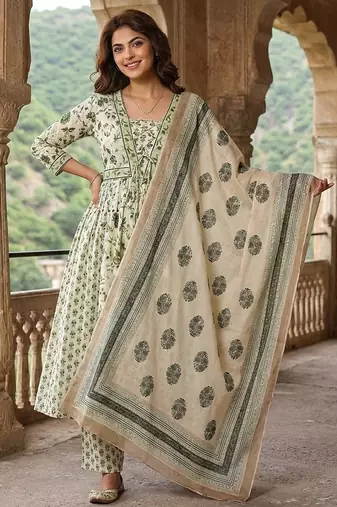 Anouk green and white pure cotton anarkali pleated kurta set