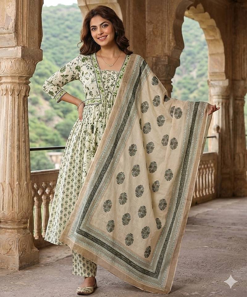 Anouk green and white pure cotton anarkali pleated kurta set