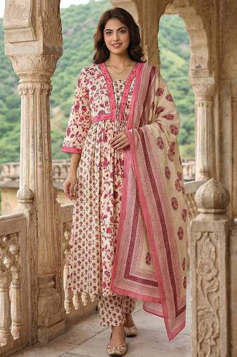 Anouk pink and white pure cotton anarkali pleated kurta set