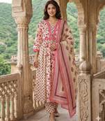 Anouk pink and white pure cotton anarkali pleated kurta set