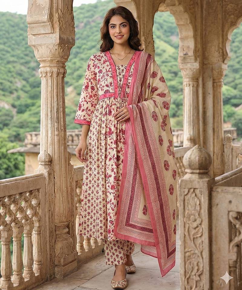 Anouk pink and white pure cotton anarkali pleated kurta set
