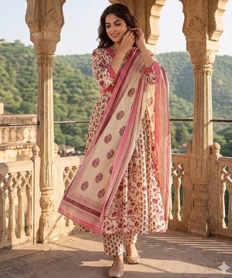 pink and white pure cotton anarkali pleated kurta set 2