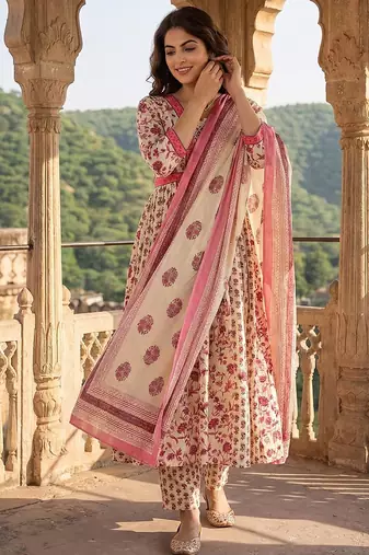 pink and white pure cotton anarkali pleated kurta set