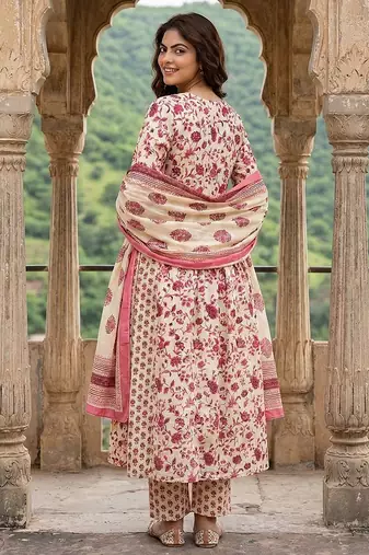 pink and white pure cotton anarkali pleated kurta set