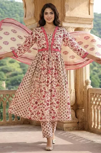 pink and white pure cotton anarkali pleated kurta set