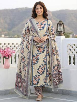 blue and beige pure cotton a-line regular kurta set 1