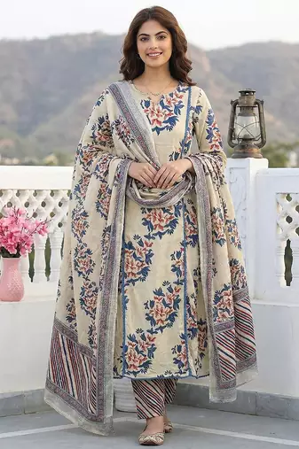 Anouk blue and beige pure cotton a-line regular kurta set