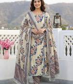 Anouk blue and beige pure cotton a-line regular kurta set