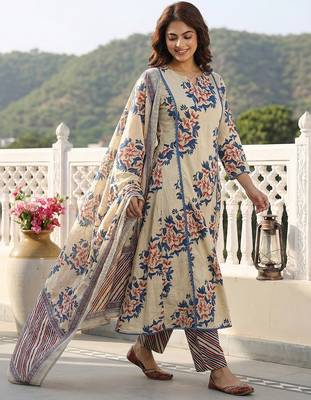 blue and beige pure cotton a-line regular kurta set 2