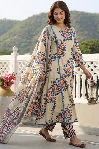 blue and beige pure cotton a-line regular kurta set