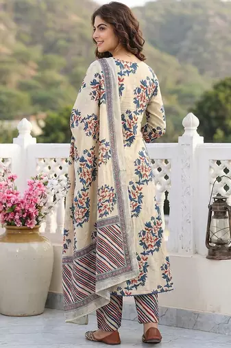 blue and beige pure cotton a-line regular kurta set