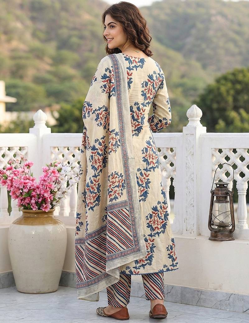 Anouk blue and beige pure cotton a-line regular kurta set